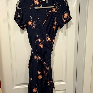Roxy Dark Blue Floral Wrap Midi Dress